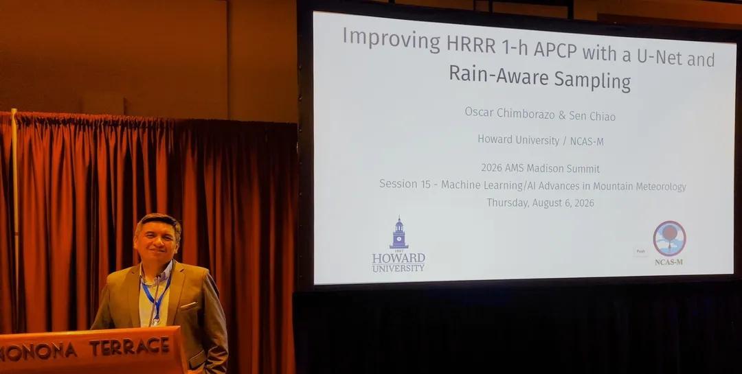 NCAS-M Scholar Oscar presenting research at the 2026 AMS Madison Summit