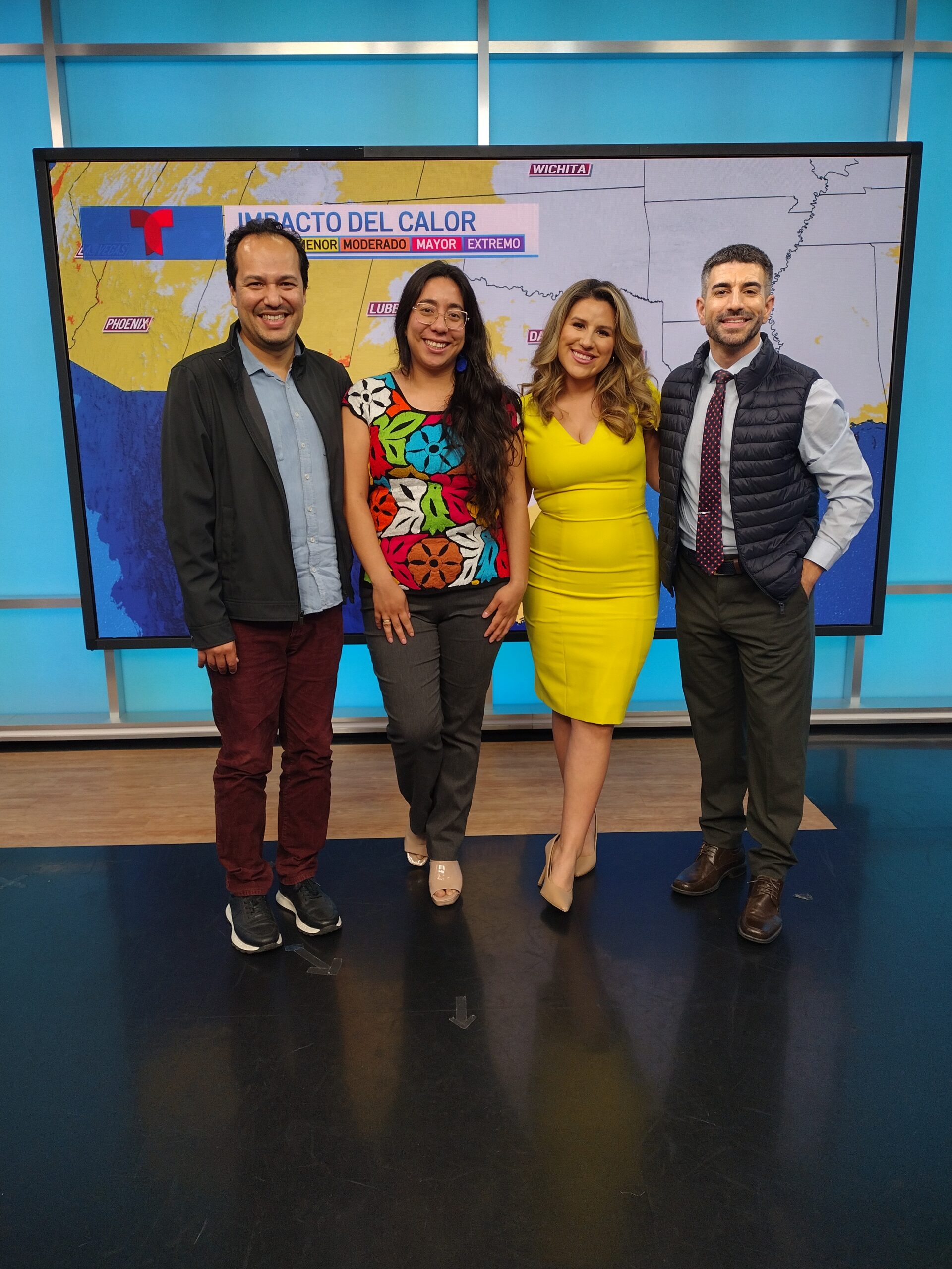 From left to right: Rodolfo Hernandez (NCAS-M), Zyanya Ramirez-Diaz (TTU student researcher), Lluvia Vindana (Telemundo Houston), and Pablo Sanchez (Telemundo Houston)